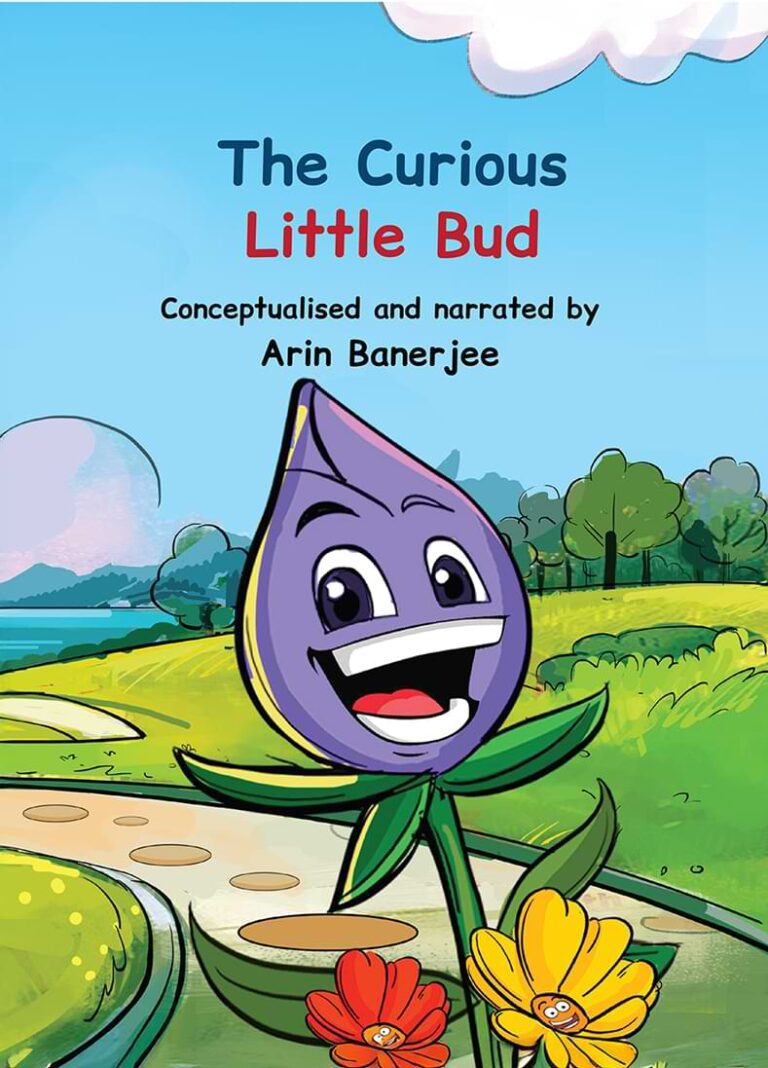 Book cover design: The Curious Little Bud, a colorful children's book conceptualized by Arin Banerjee, featuring an animated purple sprout character.
