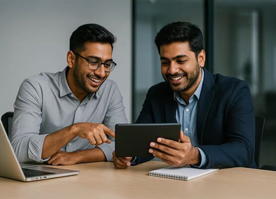 Two professionals having a focused discussion in an office setting, reviewing documents, symbolizing business consulting, strategic planning, and collaborative problem-solving.