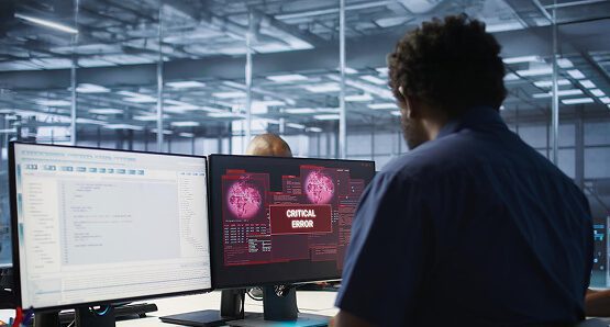 A man in a dark hoodie intently working on a laptop in a secure, digital environment, symbolizing a cybersecurity professional or data analyst focused on AI-driven data analytics for national security.