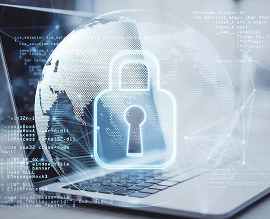 A digital padlock superimposed over a globe, symbolizing a secure, global solution and comprehensive digital marketing strategy for cybersecurity.