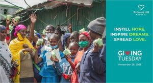 Giving Tuesday graphic for Promise Hill Project urging viewers to Instill Hope, Inspire Dreams, and Spread Love by showing children receiving aid.