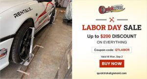Website graphic for QuickTrick Alignment advertising a Labor Day Sale with up to a $200 discount, designed to drive seasonal sales.
