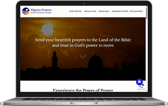 A laptop displaying the Pilgrim Prayers website on the screen, highlighting the functional and visual success of the digital marketing project.