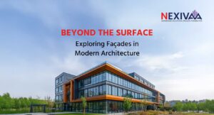 Architectural graphic from NEXIVAA exploring Façades in Modern Architecture in a discussion titled Beyond the Surface.