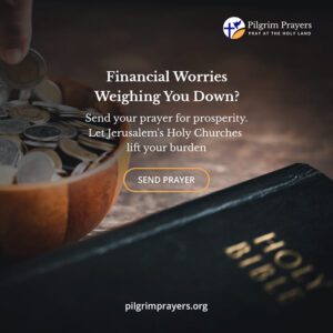 Promotional graphic from Pilgrim Prayers encouraging visitors to Pray in Faith at the Land of the Bible at the Western Wall, driving prayer submissions.