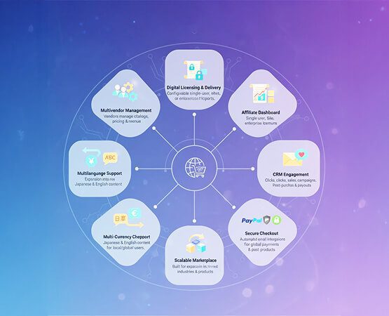A stylized digital illustration showing multiple interconnected floating cubes or data containers, symbolizing a robust, modular platform architecture with integrated systems like CRM and e-commerce.