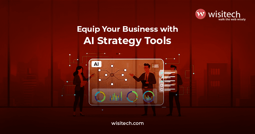 Illustration of business professionals analyzing AI strategy frameworks, data charts, and digital checklists