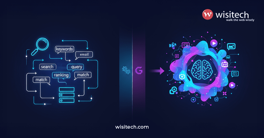 Illustrated comparison table showing Traditional SEO and Google AI Mode, focusing on the shift from keyword-based to AI-driven understanding.