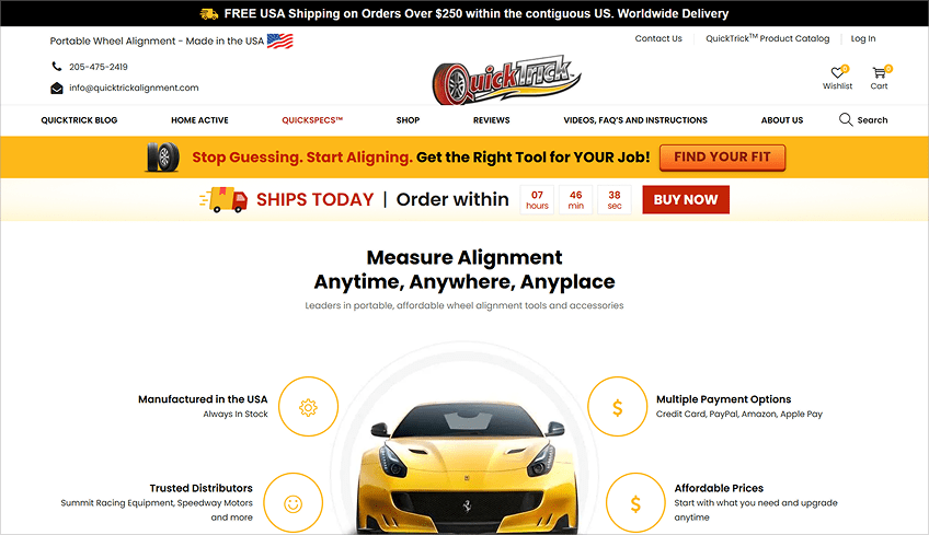 Screenshot of the QuickTrick Alignment ecommerce website, featuring a yellow sports car and promoting their portable wheel alignment tools made with WooCommerce Development.