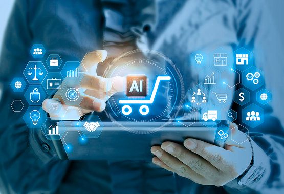 AI powered ecommerce automation showing digital shopping cart and analytics