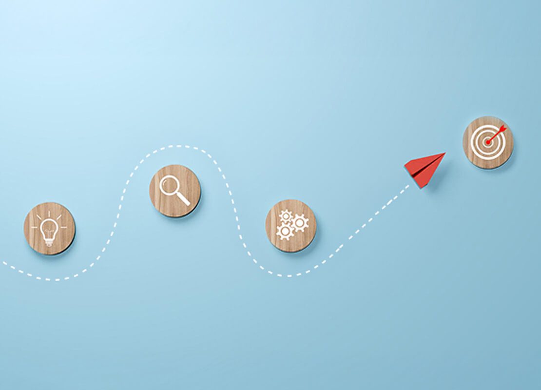 Business consulting services concept showing step by step strategy planning and business growth process