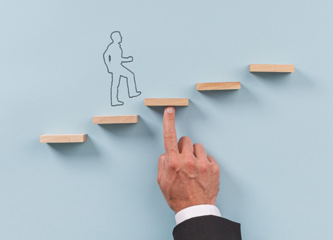 Business consulting services concept showing step by step strategy planning and business growth process