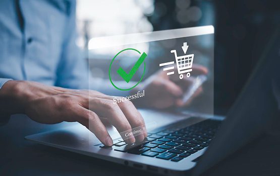 Ecommerce migration and replatforming process with laptop and digital success concept