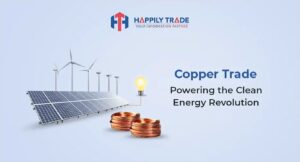 Custom web graphic for HAPPILY TRADE EXIM promoting Copper Trade as Powering the Clean Energy Revolution, designed to engage trade visitors.
