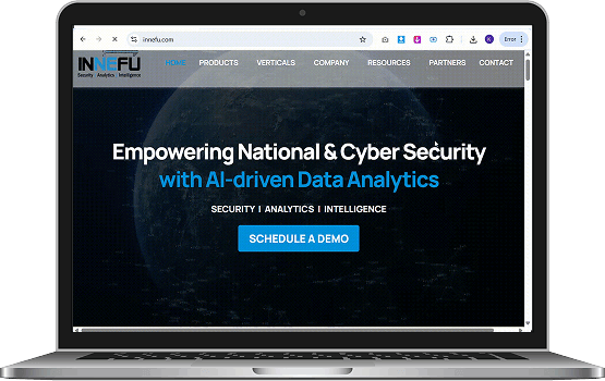 Screenshot of the new Innefu Labs website homepage: "Empowering National & Cyber Security With AI-driven Data Analytics" with a call-to-action button, as seen in the main banner.