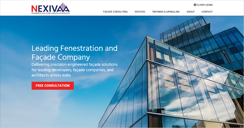 Nexivaa façade engineering website homepage showcasing custom WordPress website design and development