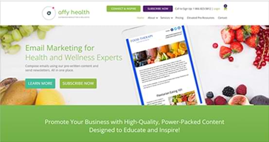 Affy Health website, a WordPress Web App Development example with AI-powered nutrition and wellness content solutions designed for professionals and individuals.