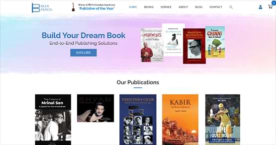 Blue Pencil publishing platform, built with Web App Development and WooCommerce, highlighting expert editorial and design services to successfully launch books.