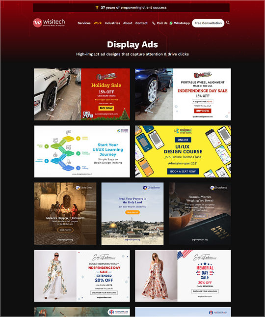 Display ad creative portfolio featuring Google display ads, banner ads