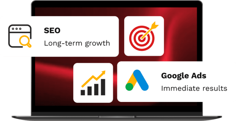 SEO and Google Ads strategy illustration showing business growth through search visibility and paid advertising