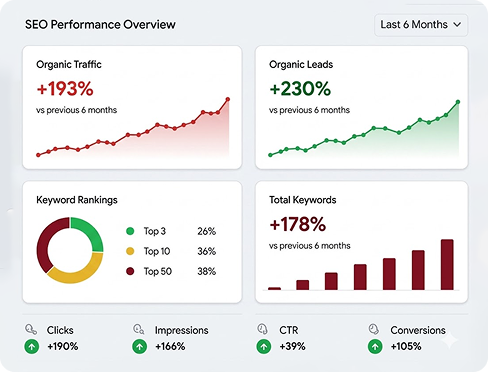 SEO performance dashboard showing