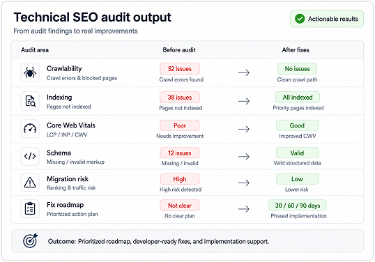 Technical SEO audit dashboard showing crawlability