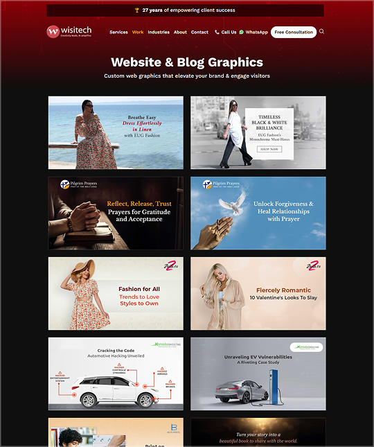 Website and blog graphic design portfolio featuring website banners, landing page visuals