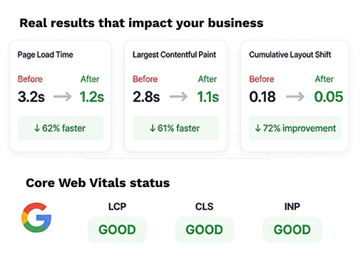 Website speed optimization dashboard showing improved Core Web Vitals, faster load time, and better website performance results