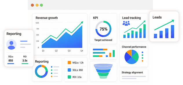 Business growth dashboard illustrating revenue growth, KPI tracking, lead tracking, marketing analytics, and performance reporting for Gurugram businesses.