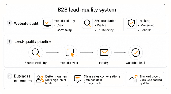 B2B lead quality system illustrating website clarity, SEO visibility, lead tracking, inquiry optimization, and data-driven business growth for Gurugram businesses.