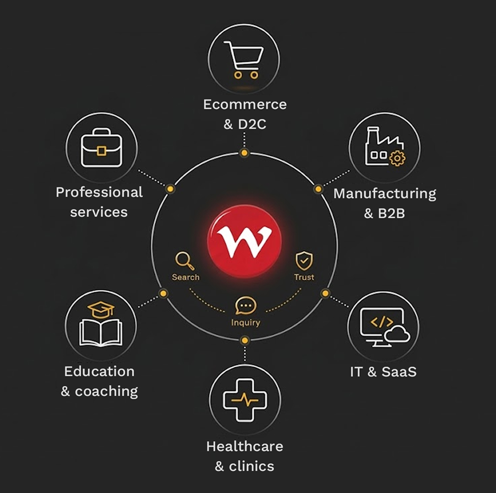 Industry-specific digital strategy framework connecting ecommerce, manufacturing, IT, healthcare, education, and professional services businesses