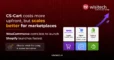 Multi-vendor marketplace development cost infographic comparing CS-Cart, WooCommerce, and Shopify marketplace platforms.