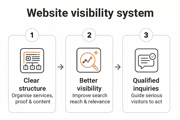 Website visibility system illustrating clear website structure, improved SEO visibility, and qualified inquiries to help Noida businesses generate more leads.