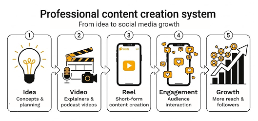 Professional content creation system illustrating the process of creating reels and videos, from idea planning and content production to audience engagement and business growth.