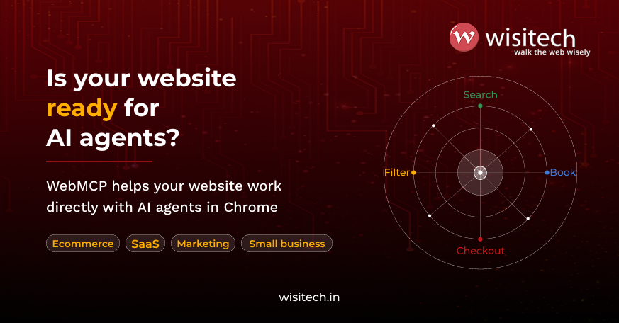 WebMCP concept showing AI-ready website actions for search, filter, booking and checkout