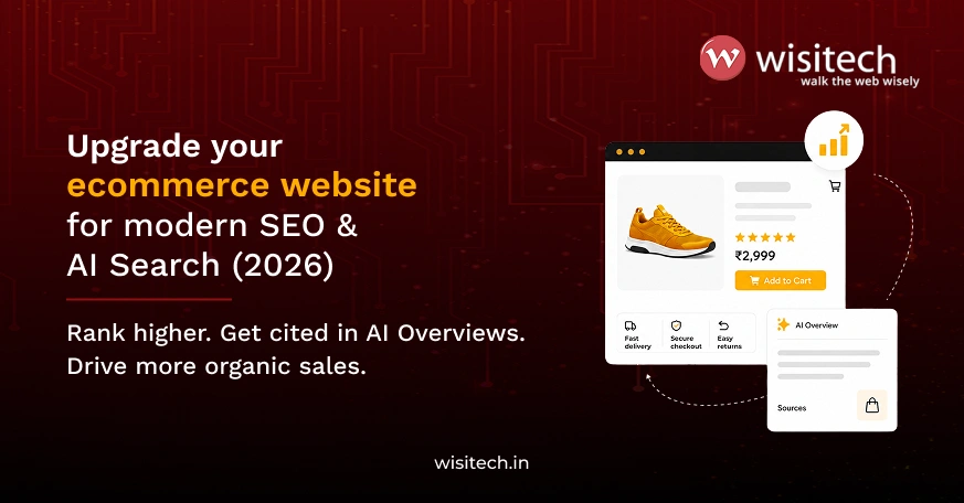 Banner illustrating ecommerce SEO with AI search optimization, structured product pages, and improved organic visibility for online stores.