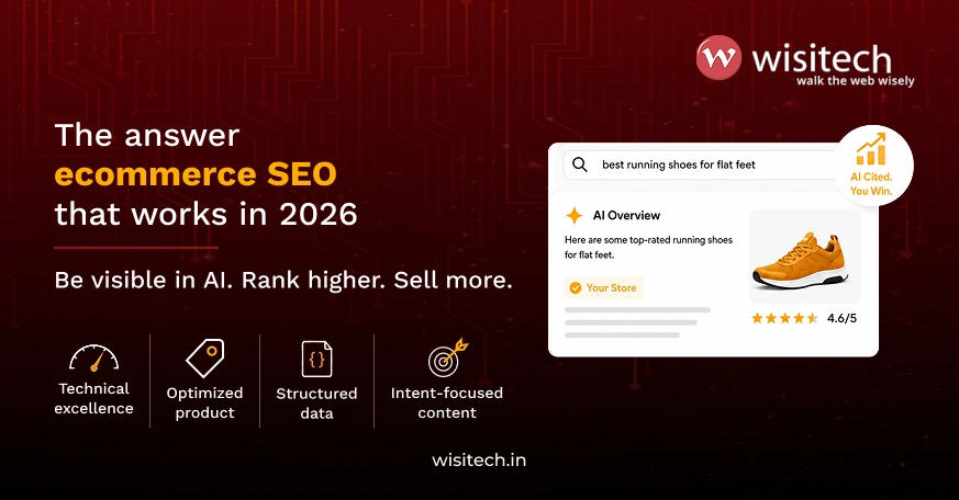 End-of-guide ecommerce SEO banner showing the key pillars of modern ecommerce optimization, including technical SEO, structured data, and AI search visibility.