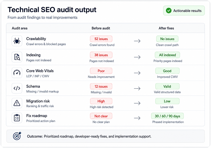 Technical SEO audit dashboard showing crawlability