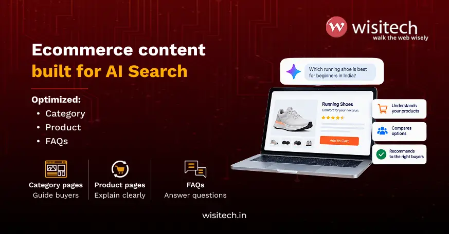 AI search optimization for ecommerce showing product, category, and FAQ content built for AI-powered search.