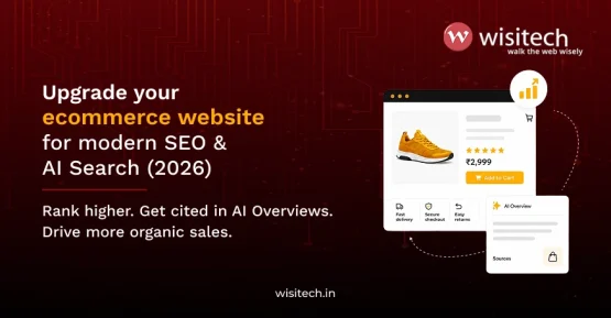 Banner illustrating ecommerce SEO with AI search optimization, structured product pages, and improved organic visibility for online stores.