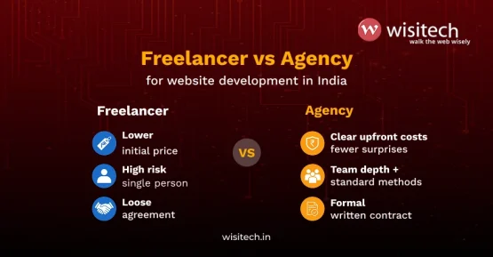 Infographic comparing freelancer vs agency for website development in India based on cost, risk, and accountability.