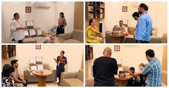 Four-part collage of Wisitech's office skit day showing organizers explaining rules, teams brainstorming, and live comedic performances in the lounge.